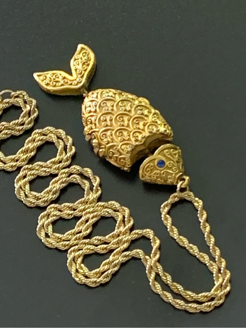 Vintage Max Factor Articulated Fish Solid Perfume Locket Pendant Blue Rhinestone